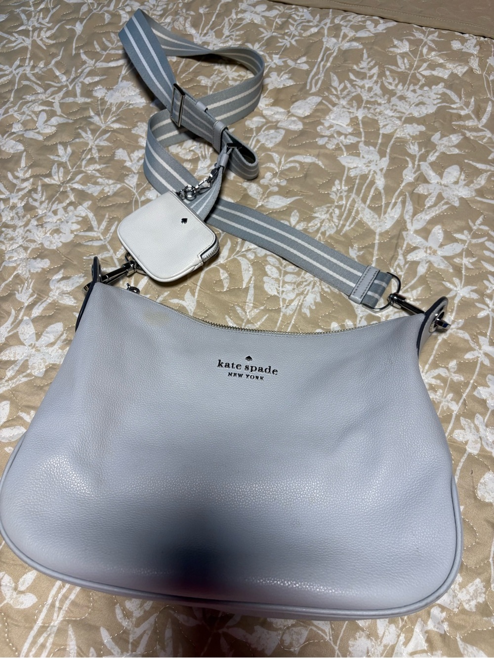 kate spade Pale Gray Pebbled Leather Shoulder Bag with Striped Strap